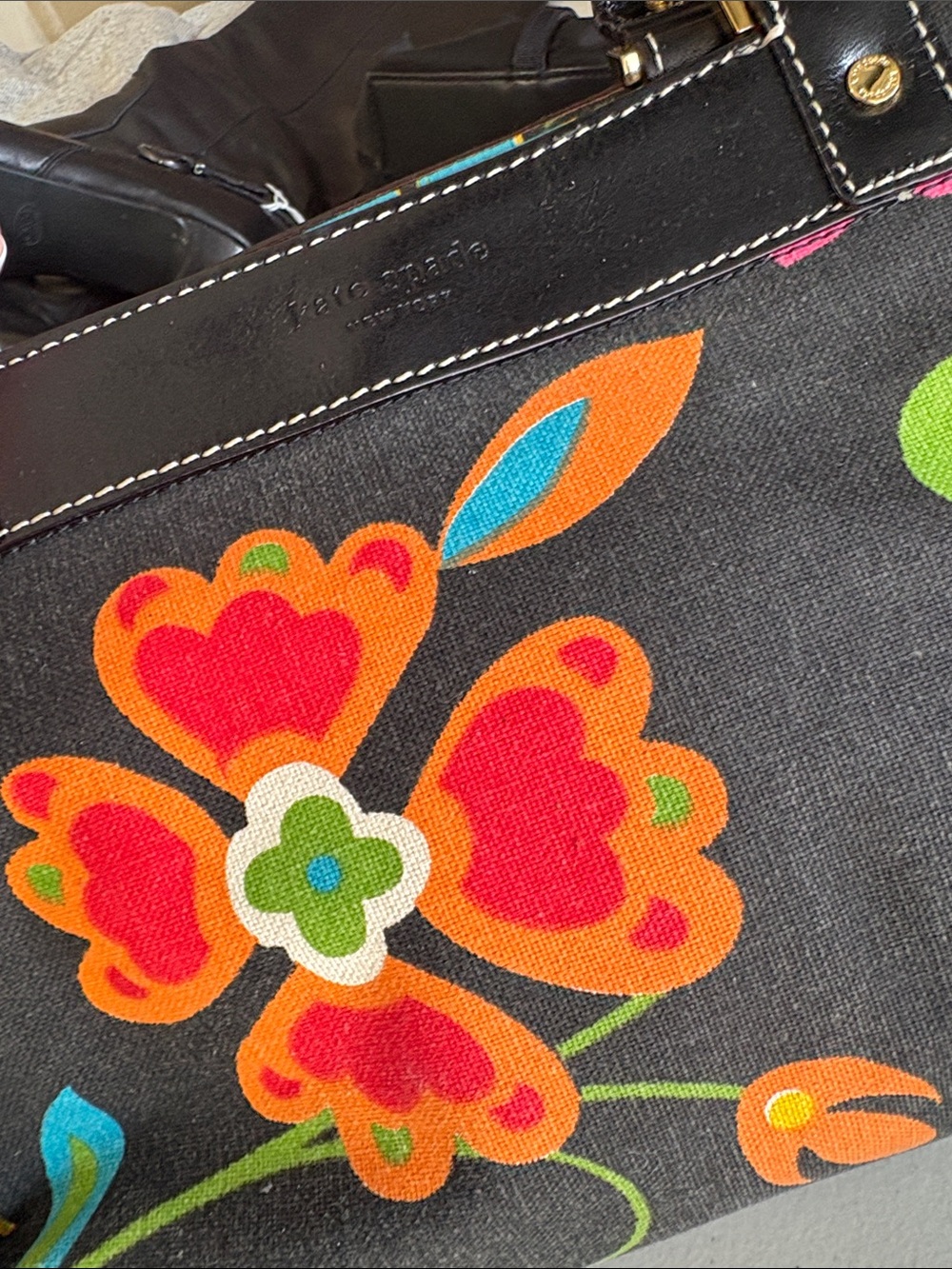 kate spade Black Canvas Floral Tote with Multicolor Flower Print - Picture 2 of 8